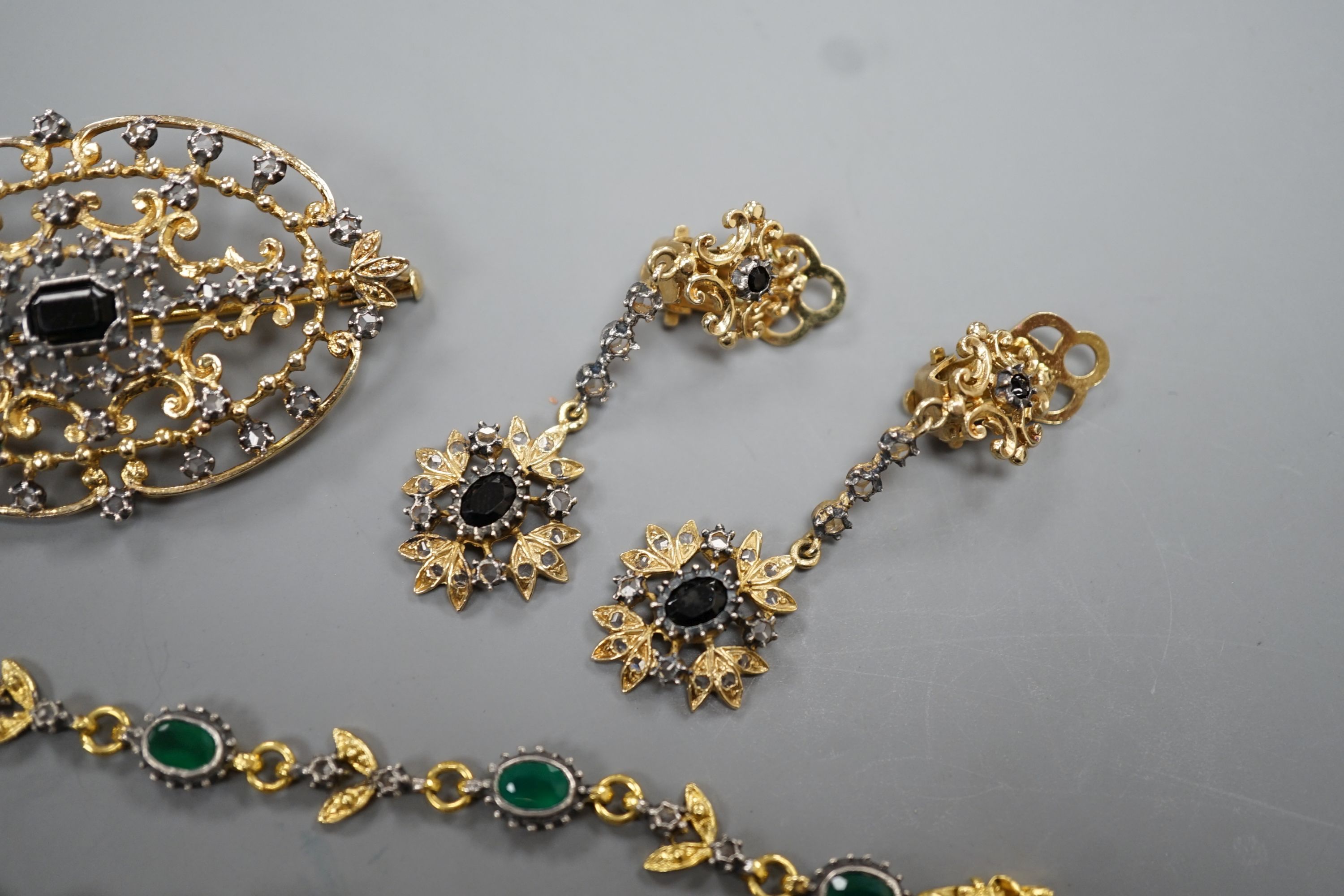 Six items of modern 925 gilt white metal jewellery, including bracelet, ring and pair of earrings.